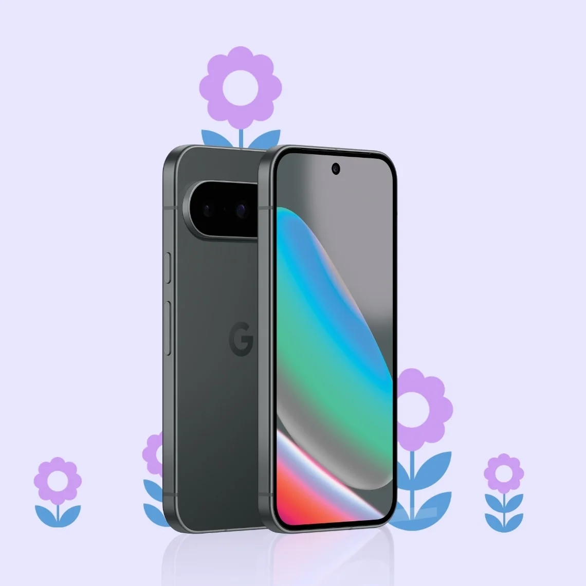 A Pixel 10 angled front screen & back on a lavender background surrounded by purple flowers.