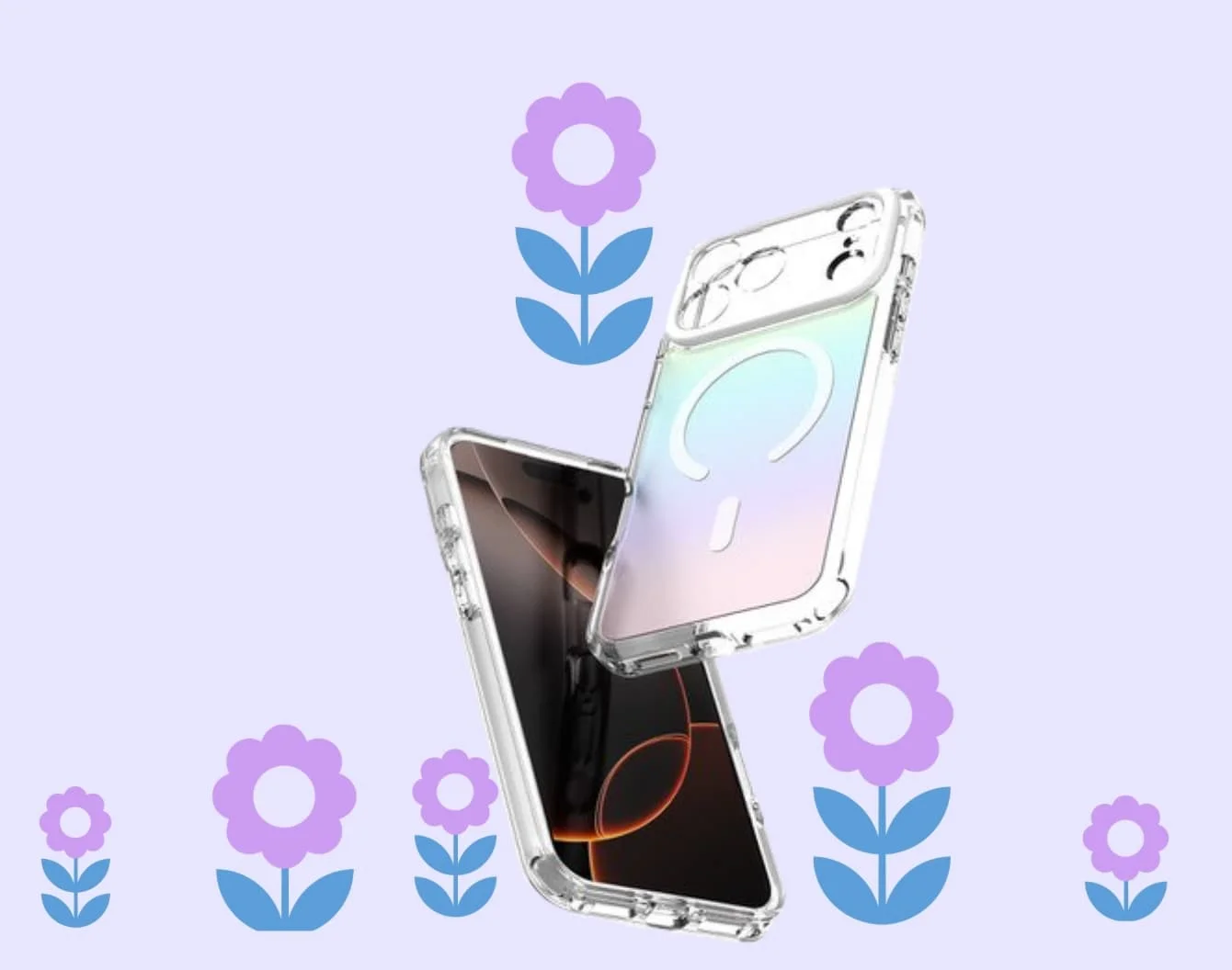A clear Avana phone case with MagSafe charging angled front screen & back on a lavender background surrounded by purple flowers.